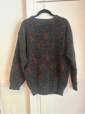 Vintage Charcoal Crewneck Sweater with Pink and Olive Motif